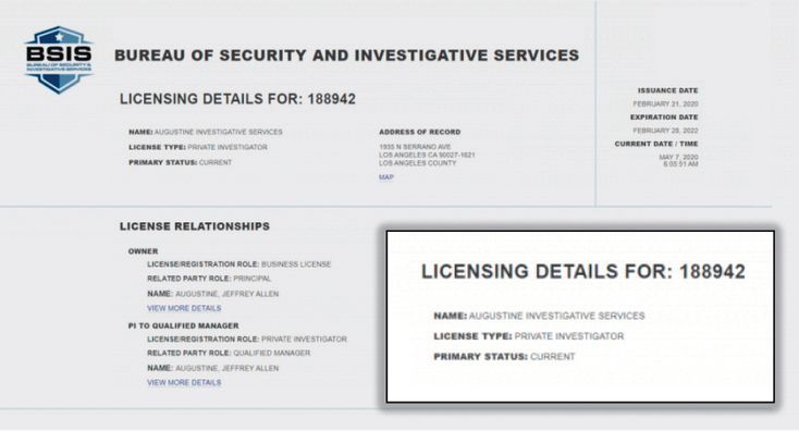 Jeffrey Augustine’s California private investigator license